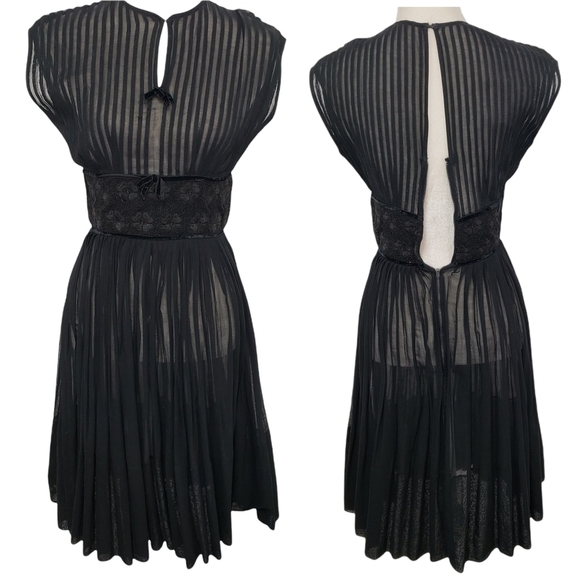 VINTAGE Mid Century Sheer Black Pleated Dress 24" Waist S Semi Open Back R&K VG - Picture 2 of 15
